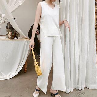 Set: Plain Tank Top + Cropped Wide-leg Pants