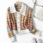 Lapel Striped Cropped Cardigan White - One Size