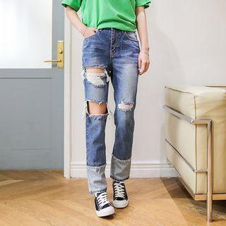 Fray-hem Distressed Straight Leg Jeans