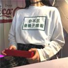 Long-sleeve Chinese Character T-shirt White - One Size
