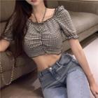 Short-sleeve Off-shoulder Check Crop Top