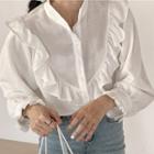 Stand Collar Ruffled Blouse White - One Size