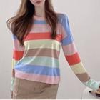 Color Block Striped Long-sleeve Sweater Stripe - Blue & Pink - One Size