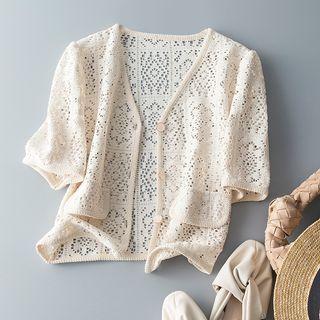 Short-sleeve Lace Button-up Jacket Off-white - One Size