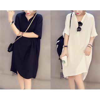 Short-sleeve Open-collar Chiffon Shift Dress