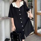 Short-sleeve Collared Shirt Dress Black - One Size