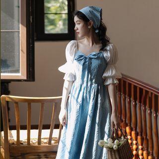 Set: Puff-sleeve Paneled Gingham Midi A-line Dress + Scarf