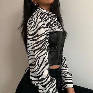 Zebra Print Faux Leather Panel Crop Shirt