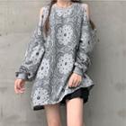 Puff-sleeve Floral Print Cold-shoulder Sweatshirt Gray - One Size