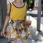 Piped Tank Top + Leaf Print Wide-leg Shorts