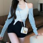 Long-sleeve Cold-shoulder Top / High Waist Shorts