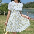Puff-sleeve Floral Printed Dress White - One Size