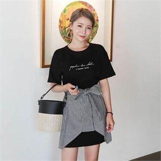 Set: Lettering T-shirt Dress + Gingham Wrap Miniskirt
