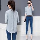 V-neck Pinstripe Back-buttoned Blouse