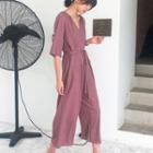 V-neck Tie Waist Elbow-sleeve Jumpsuit