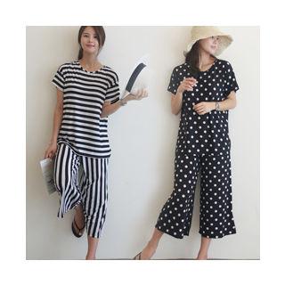 Set: Round-neck Top + Band-waist Pants (2 Designs)
