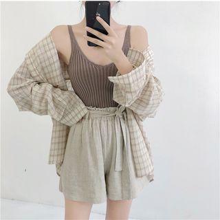 Check Long-sleeve Shirt / Plain Knit Tank Top / High-waist Shorts