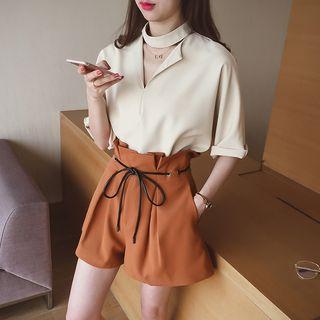 Set: V-neck Short-sleeve Blouse + Wide Leg Shorts