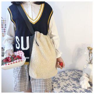 Fleece Drawstring Crossbody Bag White - One Size