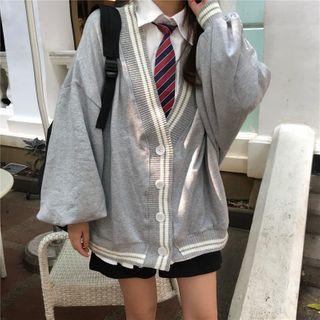 V-neck Over-sized Cardigan/plain Long-sleeve Shirt