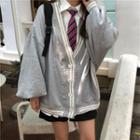 V-neck Over-sized Cardigan/plain Long-sleeve Shirt