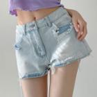 High-waist Asymmetrical Frayed Denim Shorts