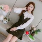 Set: Long-sleeve Embroidered Collar Blouse + V-neck Tweed Overall Dress