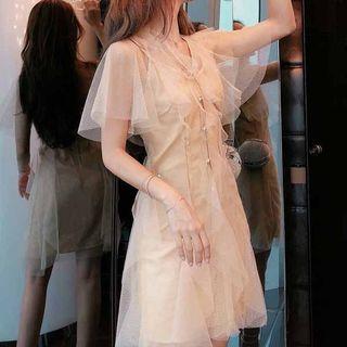 Set: Mesh Short-sleeve A-line Dress + Slipdress