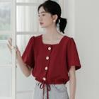 Short-sleeve Button-up Blouse Wine Red - One Size