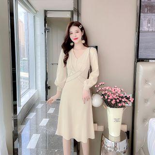 Puff-sleeve V-neck Knit A-line Dress