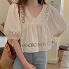 V-neck Puff-sleeve Shirt Almond - One Size