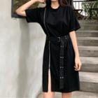 Zipper Short-sleeve Dress Black - One Size