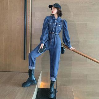 Puff Sleeve High Waist Denim Jumpsuit