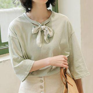 Elbow-sleeve Plain Cutout T-shirt With Bow Necktie