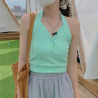 Halter Collared Plain Knit Crop Top