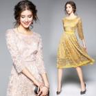 Elblow-sleeve Crewneck A-line Plain Lace Sheath Dress
