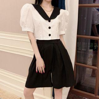 Puff-sleeve Contrast Trim Cropped Top / High-waist Wide-leg Shorts