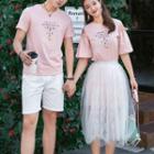 Couple Matching Set: Cutout Shoulder Short-sleeve T-shirt Dress + High Waist Mesh Skirt / Printed Short-sleeve T-shirt / Plain Shorts