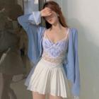 Plain Cardigan / Lace Camisole Top / Mini Pleated Skirt / Set