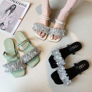Rhinestone Ruffled Flat Slide Sandals