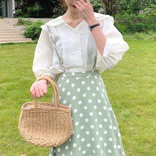 Elbow-sleeve Blouse / Suspender Midi Dotted A-line Skirt