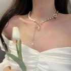 Heart Freshwater Pearl Alloy Choker Gold & White - One Size