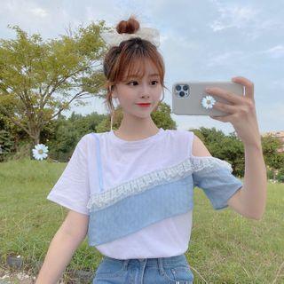 Short-sleeve Cold Shoulder Lace Trim T-shirt As Shown In Figure - One Size