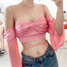 Off-shoulder Long Sleeve Ruched Crop Camisole Top