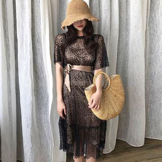 Set: Short-sleeve Lace Midi Dress + Slipdress