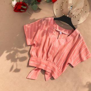 Striped V-neck Short Sleeve Chiffon Top