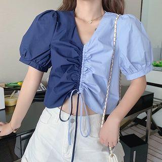 Two-tone Puff-sleeve Drawstring Ruched Cropped Blouse