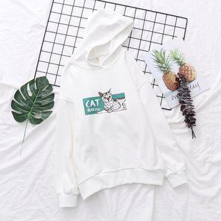 Cat Print Hoodie White - One Size