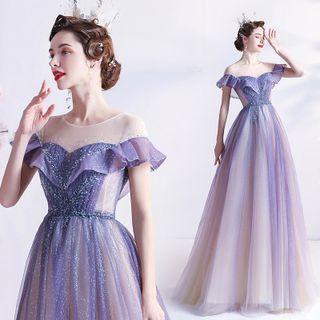 Rhinestone Ruffle Trim Mesh A-line Evening Gown