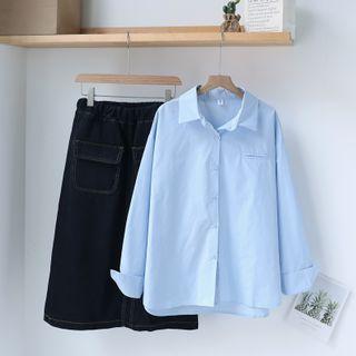 Plain Shirt / Denim Midi Skirt